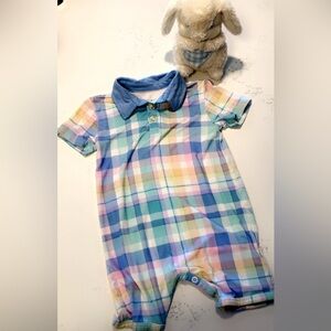 Little Sleepies Plaid Bamboo Romper + Matching Bib 12–18M